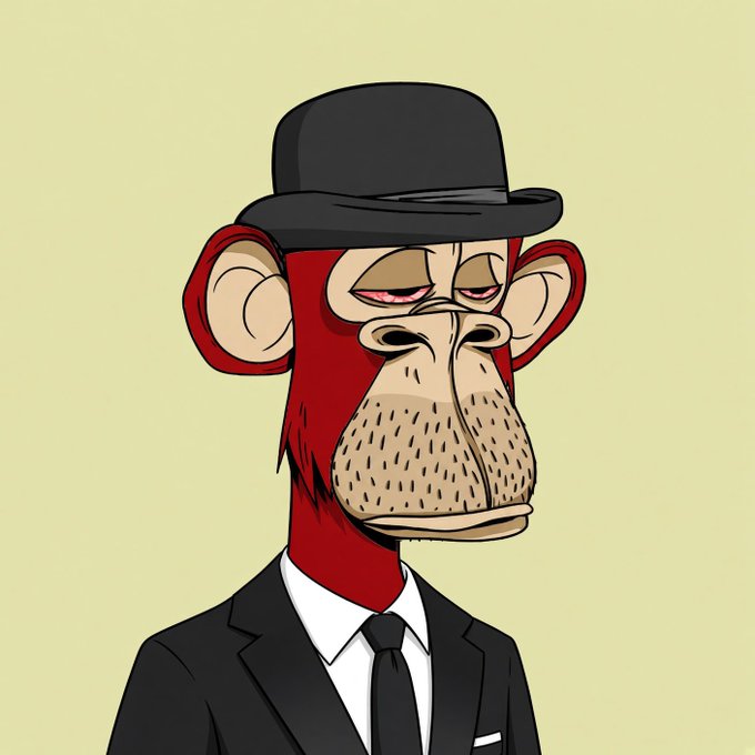 A cartoon illustration of a bored-looking monkey wearing a black bowler hat and a black suit with a white shirt and tie.