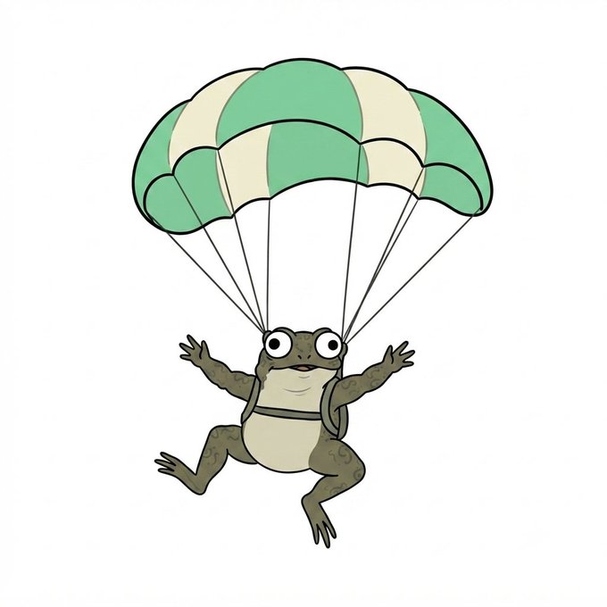 A cartoon illustration of a wide-eyed green frog descending with a green and white striped parachute against a white background.