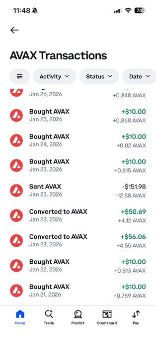 A mobile app screenshot showing AVAX Transactions with multiple Bought AVAX entries in green ($10.00 each) and a Sent AVAX transaction of -$151.98.