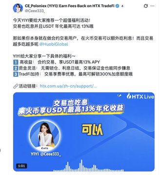A promotional social media post from CE.Poloniex (YIYI) about earning fees back on HTX TradeFi with USDT, mentioning a 13% annual yield and a link to htx.com/ua/zh-cn/support/.