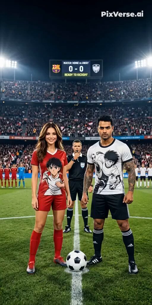 The image features a man and woman standing next to each other, both holding a soccer ball. They are posing for a photo with the soccer ball as their prop. The background of the image shows a stadium filled with people watching a game or event. There is also an advertisement for PixVerse in the image, which suggests that this photo might be related to a promotional campaign or event.