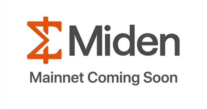 A promotional graphic for Miden, featuring an orange stylized logo next to the word 'Miden' in dark gray text, with 'Mainnet Coming Soon' written below.