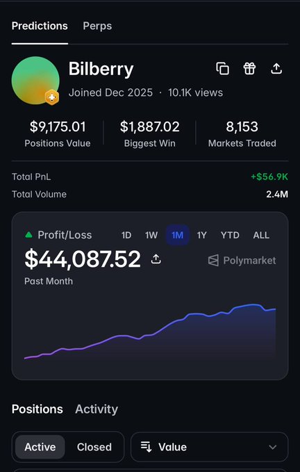 A trading profile page for user 'Bilberry' showing $9,175.01 Positions Value, 8,153 Markets Traded, Total PnL of +$56.9K, Total Volume of 2.4M, and a profit/loss graph of $44,087.52 on Polymarket over 1M.