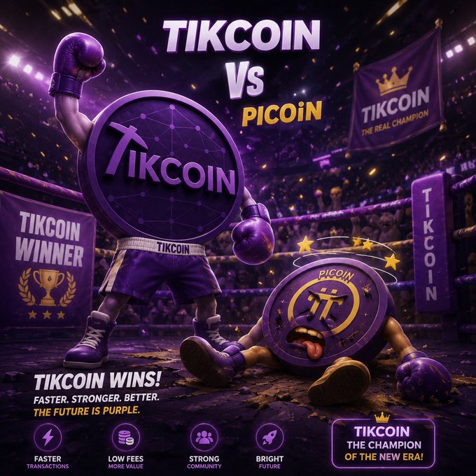Promotional graphic titled 'TIKCOIN Vs PICOIN' depicting TIKCOIN as a victorious purple boxing champion standing over a defeated PICOIN, with slogans 'TIKCOIN WINS!', 'THE FUTURE IS PURPLE', and 'TIKCOIN THE CHAMPION OF THE NEW ERA!'.