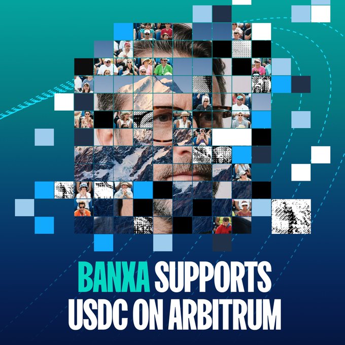 A promotional graphic announces "BANKA SUPPORTS USDC ON ARBITRUM" in bold white text against a blue gradient background, featuring a pixelated mosaic portrait of a bearded man composed of smaller images of people. The design visually reinforces the post's message about Banxa expanding global stablecoin access, with the pixelated face symbolizing the worldwide network of users across the 180+ countries now able to purchase USDC via bank transfer, cards, and local payment methods.