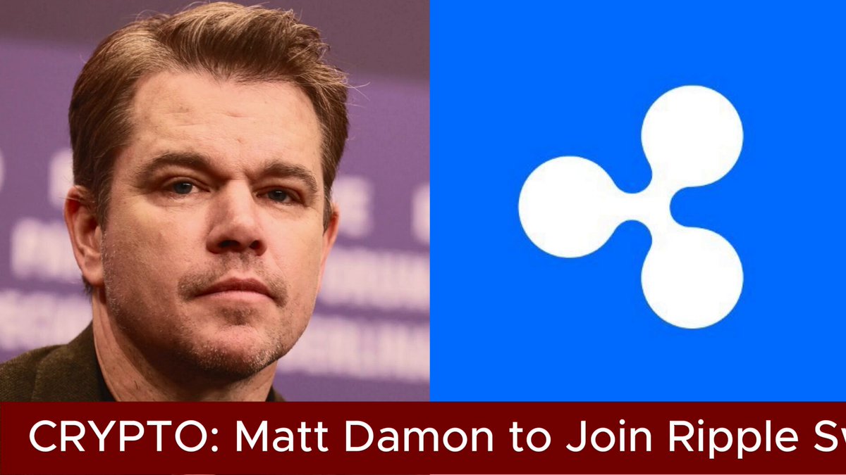 The image features a man with a beard, wearing a brown shirt, standing next to a blue square that displays the Ripple logo. The text above the image reads "Crypto: Matt Damon to Join Ripple Swell to Discuss RLUSD Impact Hollywood actor and Water(.)org co founder Matt Damon will speak at Ripple Swell ( @rippleSwell ) in New York this October." This suggests that the man is being interviewed or featured on a platform related to cryptocurrency, specifically about its impact on the film industry.