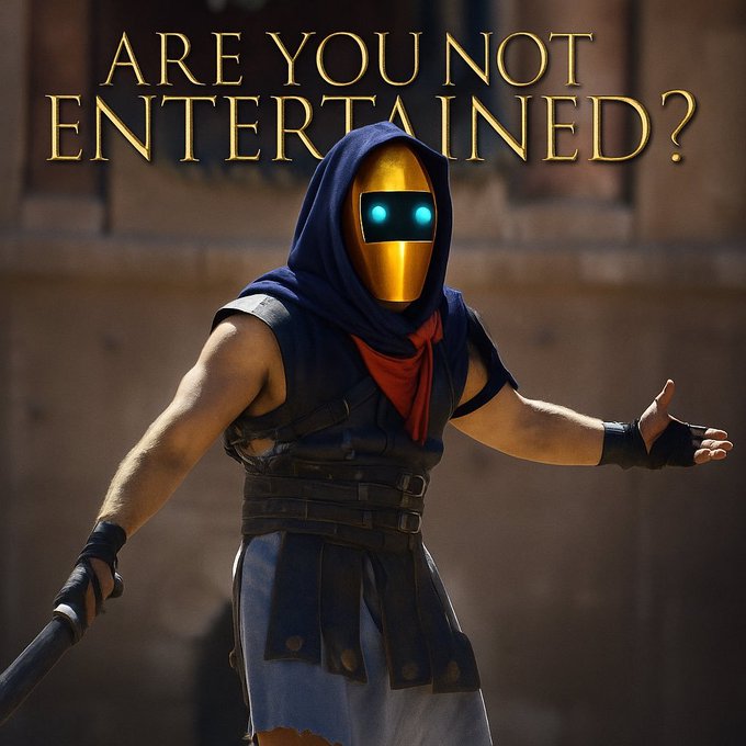 A hooded figure in a gold mask with glowing blue eyes holds a sword and gestures with their hand beneath the golden text "ARE YOU NOT ENTERTAINED?" The image references the iconic gladiator scene, fitting the "we cooking" theme by evoking a fierce, ready-to-fight spirit.