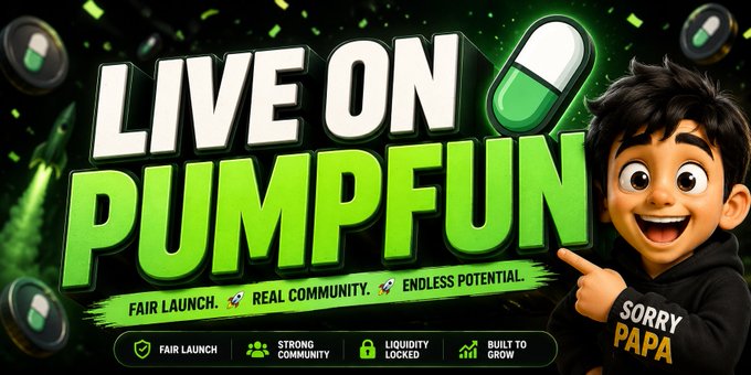 Pump.fun promotional banner reading 'LIVE ON PUMPFUN' with a cartoon character in a 'SORRY PAPA' hoodie pointing, listing features: 'FAIR LAUNCH', 'REAL COMMUNITY', 'ENDLESS POTENTIAL', 'LIQUIDITY LOCKED', 'BUILT TO GROW'.