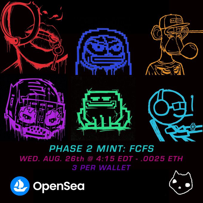 A glitchy, neon-colored NFT collection poster titled "PHASE 2 MINT: FCFS" announces a First-Come-First-Served mint on Wednesday, August 26th at 4:15 EDT for 0.0025 ETH with a limit of 3 per wallet, prominently featuring the OpenSea logo and "LQMEOW" cat branding to promote the upcoming drop.