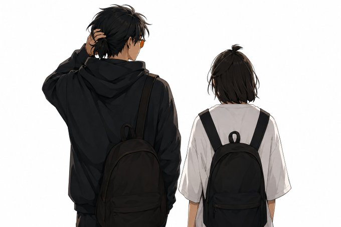 The anime artwork depicts two young people seen from behind—likely a couple—with backpacks, facing away from the viewer, which evokes a sense of emotional distance or unspoken feelings. This complements the post's encouraging message to "talk with her today man... you never know," visually symbolizing the hesitation before reaching out, while also tagging bounty platform recommendations.