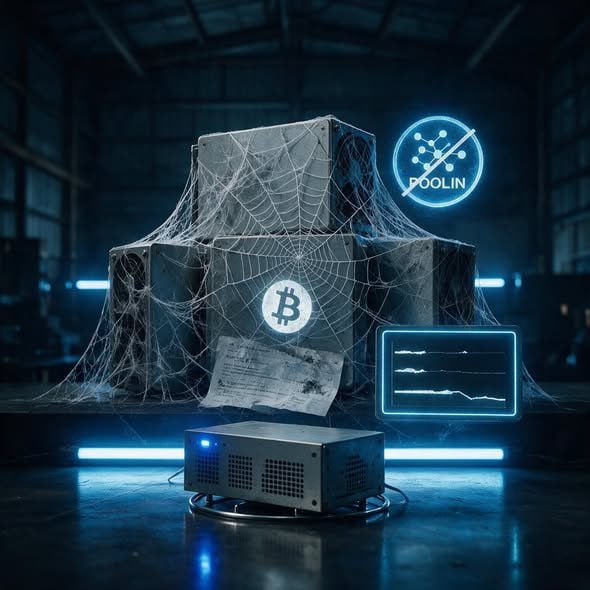 Mining equipment is covered in cobwebs, with Bitcoin (₿) symbols and a "POOLIN" logo, alongside a declining performance graph, depicting an abandoned or failing crypto mining operation.