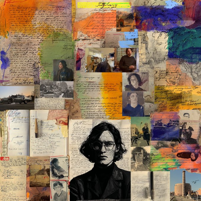 The image is a collage of various text, pictures, and documents that form a cohesive whole despite their different themes. One person's name appears multiple times throughout the collage, further emphasizing its focus on individual stories or observations. The overall composition seems to be an exploration of ideas, emotions, or memories connected by the common thread of personal experience.