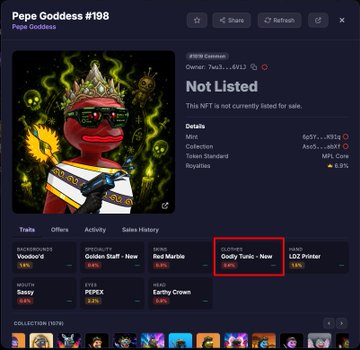 A Magic Eden NFT listing page for "Pepe Goddess #198" shows a 5.1% royalty rate but is marked "Not Listed" with "This NFT is not currently listed for sale," highlighting in the "Goofy Tunic" trait that its rarity is listed as "New" at 2.87%. The screenshot illustrates the user's complaint that Magic Eden has failed to update the trait data for over 24 hours, contrasting with OrbisOnSOL's instant platform update.