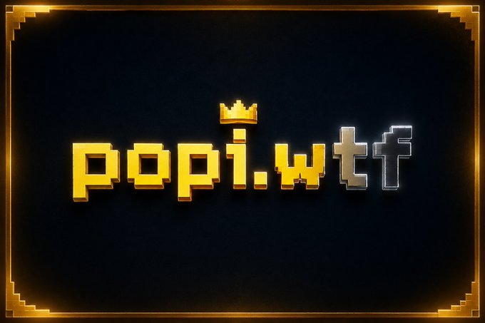 A retro pixel-art logo for "popi.wtf" featuring yellow block letters topped with a small golden crown against a black background framed by a gold border.