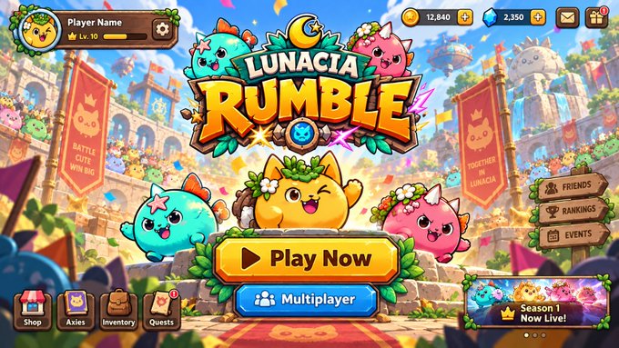 The title screen for the mobile game 'LUNACIA RUMBLE,' featuring colorful, cute monster characters and buttons for 'Play Now' and 'Multiplayer.'