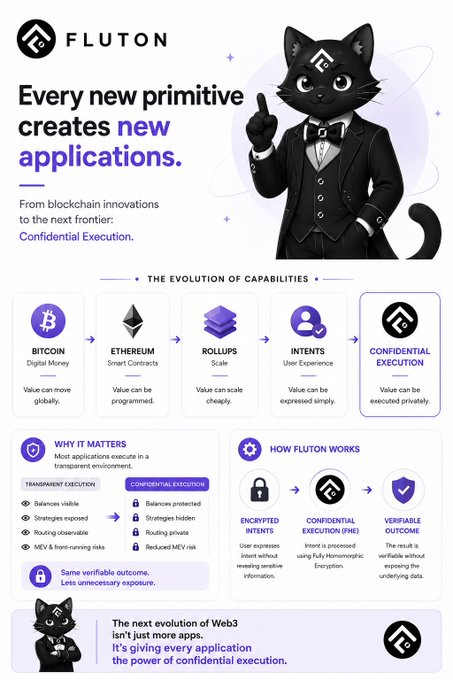 A Fluton infographic titled "Every new primitive creates new applications" featuring a black cat mascot and outlining the evolution of blockchain capabilities from Bitcoin to Confidential Execution.