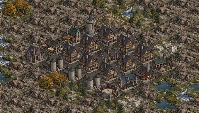 A medieval fantasy isometric view of a walled city with half-timbered houses and towers, built on a rocky landscape with green trees and small rivers.