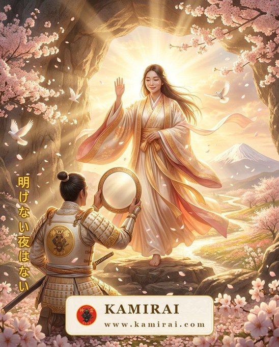 The image depicts the myth of Amaterasu, the sun goddess, emerging from her cave in a radiant glow as a warrior kneels before her holding up a mirror to coax her back into the light, with cherry blossoms framing the scene. Japanese text reading "明けない夜はない" ("There is no night that does not dawn") appears on the left, while the bottom features the KAMIRAI logo and "www.kamirai.com."
