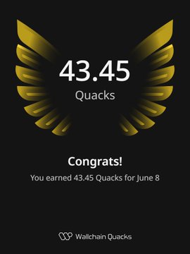 The image features a golden eagle with wings spread wide, displaying the number "43.45 Quacks" written below its head feathers. This number signifies that the user has earned 43.46 Quacks today for their achievements or goals. The rest of the post focuses on congratulating the user and emphasizing how close they are to achieving their desired Quacks goal.