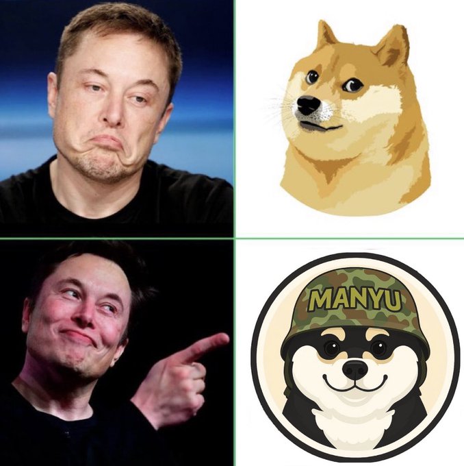 A four-panel meme featuring Elon Musk making facial expressions alongside Dogecoin's Shiba Inu mascot and a 'MANYU' token logo featuring a Shiba Inu in military helmet.