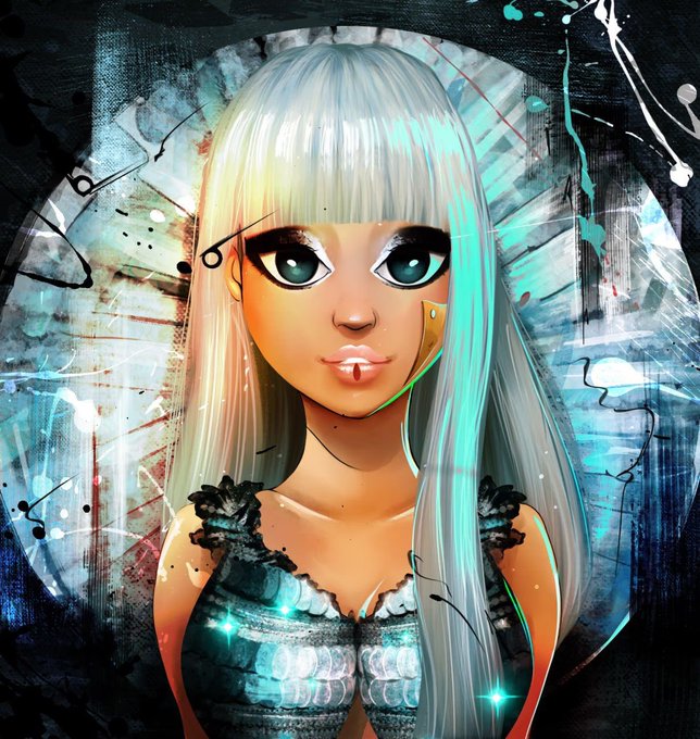 A stylized digital illustration depicts a large-eyed anime-style character with flowing white and teal hair, wearing a dark corset top and a lip piercing, set against a vibrant cosmic background with paint splatters. The artwork's distinctive bold lines, glossy features, and ethereal aesthetic are signature traits of the MurMeow NFT collection, hinting at its connection to the featured crypto collectible series on OpenSea.