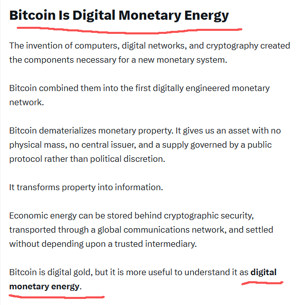 An image titled "Bitcoin Is Digital Monetary Energy" explaining how Bitcoin combines computers, digital networks, and cryptography to create a dematerialized monetary system with no central issuer, concluding that Bitcoin is "digital monetary energy" rather than just digital gold. The post references $DME (Digital Monetary Energy), which aligns directly with the highlighted term in the text.