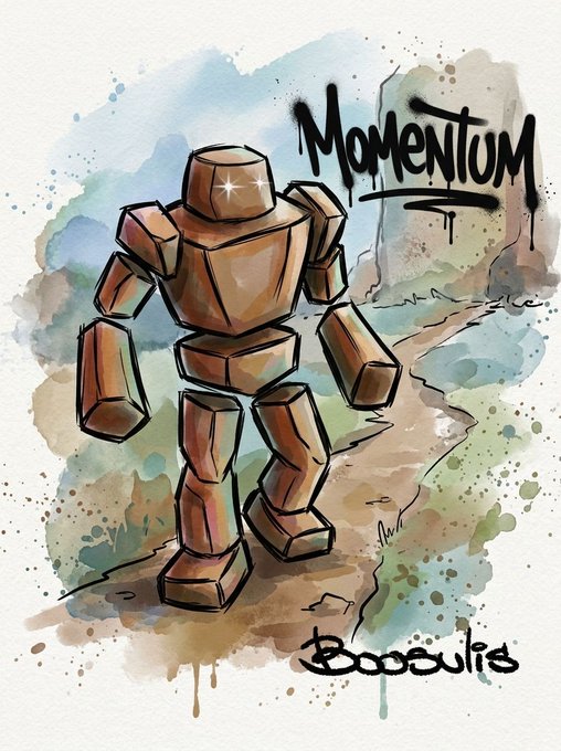 A watercolor-style sketch of a brown stone golem robot with the word "Momentum" graffiti-style in the top right corner and the signature "Boosvilis" at the bottom.