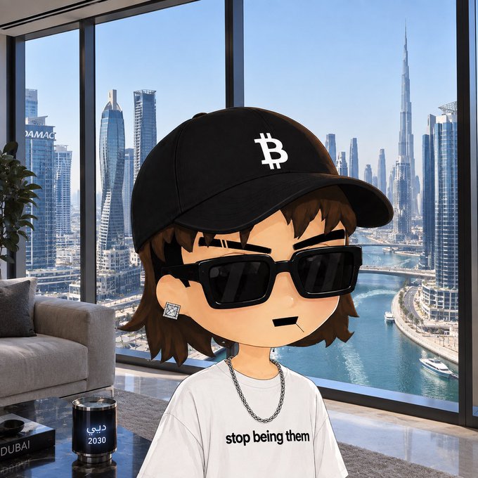 A cartoon-style character wearing a black cap with a 'B' logo, black sunglasses, and a white t-shirt reading 'stop being them', set against a backdrop of the Dubai skyline including the Burj Khalifa.
