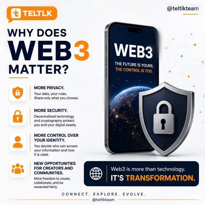A marketing infographic from @teltkteam titled 'Why Does Web3 Matter?' featuring a smartphone displaying a 'WEB3' graphic alongside a security shield icon, and listing benefits such as more privacy, security, control over identity, and opportunities for creators.