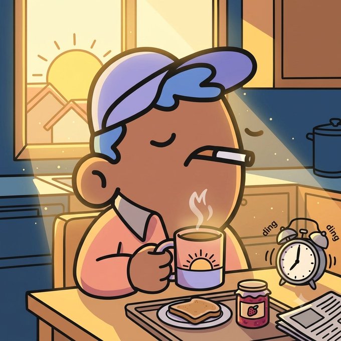 A cartoon illustration shows a character with blue hair wearing a nightcap, holding a steaming mug of coffee in a sunlit kitchen, accompanied by an alarm clock showing approximately 7:00, toast with jam, and a newspaper.