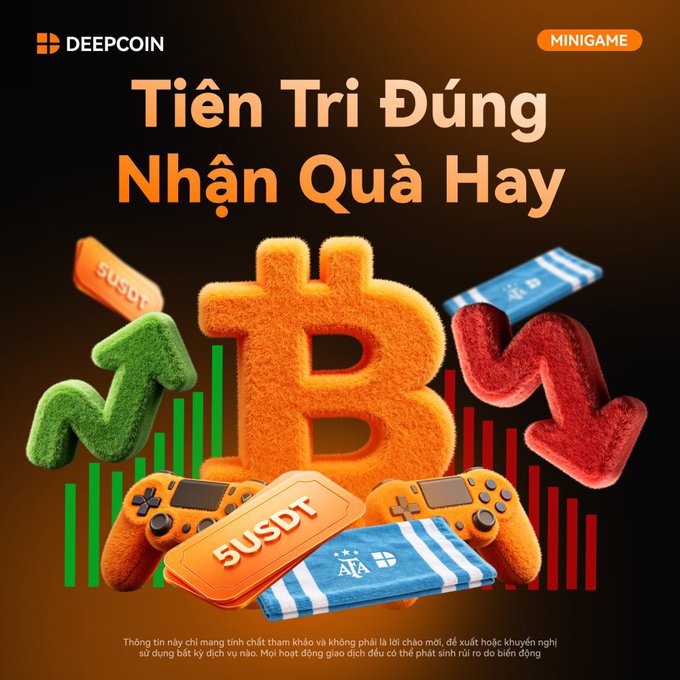 A promotional graphic for a DEEPCOIN minigame features Vietnamese text 'Tiên Tri Đúng Nhận Quà Hay' alongside a fuzzy orange Bitcoin symbol, green and red arrows, game controllers, and '5USDT' gift tags.