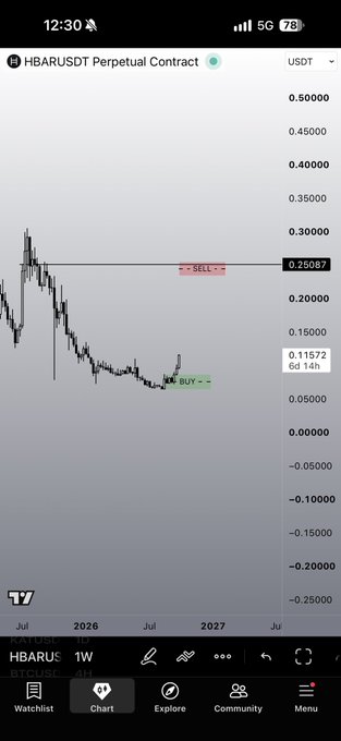 The image shows a TradingView chart of the HBARUSDT Perpetual Contract on a 1-week timeframe, displaying a long-term downtrend with prices around 0.11672 as of the 6d 14h mark, alongside bearish and bullish market structure markers. This aligns with the post suggesting that despite bullish commentary ("shilling"), the chart indicates HBAR remains in a sustained downtrend with prices still well below the 0.25087 resistance level.