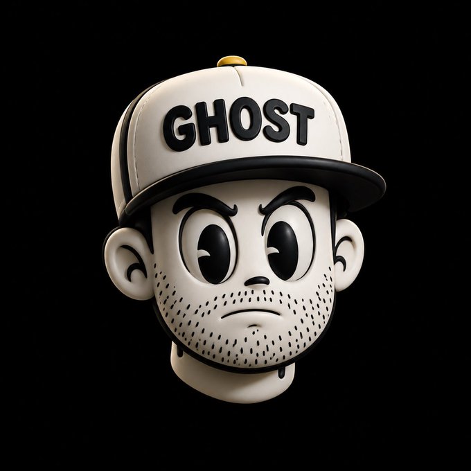 A 3D render of a cartoonish character head wearing a white cap that reads 'GHOST' in black letters.