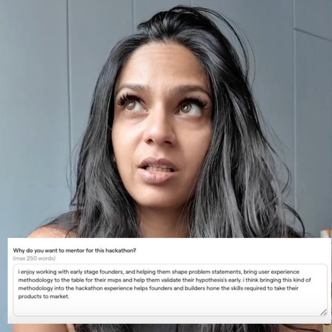 A video still of a woman looking upward, with an on-screen text box asking 'Why do you want to mentor for this hackathon?' containing her response about enjoying working with early stage founders.