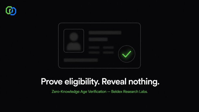 A dark-themed graphic from Beldex Research Labs with the tagline 'Prove eligibility. Reveal nothing,' promoting Zero-Knowledge Age Verification.
