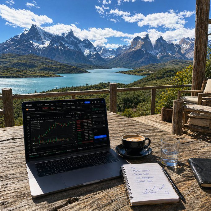A laptop displays cryptocurrency trading charts alongside a notebook of handwritten investment plans and a cappuccino, set against a breathtaking backdrop of jagged snow-capped mountains and a turquoise lake. The "gm" greeting and mountain view perfectly capture the crypto trader's dream of riding the right token all the way to a scenic escape.