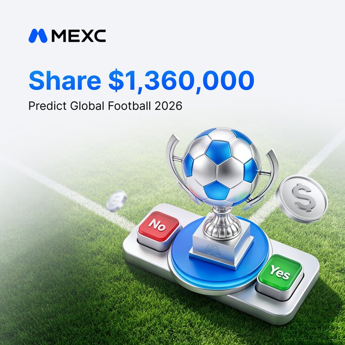 The image features a soccer ball with a trophy resting on top of it, surrounded by coins, a green button, a silver coin, and two red buttons. The backdrop of this scene is a soccer field with a white line down the middle. The image includes text that reads "The $1,360,000 MEXC Kickoff Fest is LIVE! Predict eligible event outcomes & build your winning streak. The more predictions you get right, the bigger your share of the daily $36,000 prize pool."