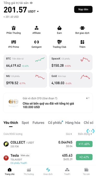 A trading app interface showing a total asset value of 201.57 USDT (≈ 201.40 USD), with widgets for BTC (64,419.62), SpaceX ($150.28), MU ($978.52), Gold (4,108.03), and a favorite list featuring COLLECT and Tesla.