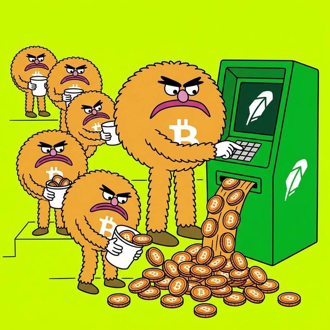 Angry furry orange creatures with Bitcoin (₿) logos scowl as they collect coins from a green ATM machine dispensing a stream of Bitcoin tokens. The meme cleverly depicts the Bitcoin community's frustration or greed, fitting the $BITTY contest theme by humorously playing on Bitcoin's mascot with a creative twist.