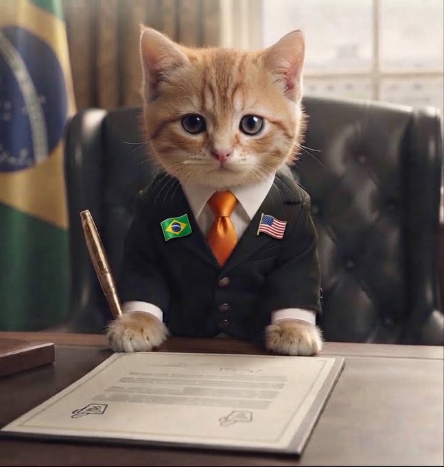 An orange tabby cat wearing a business suit with an orange tie and Brazilian and American flag lapel pins sits at a desk holding a pen over a document.