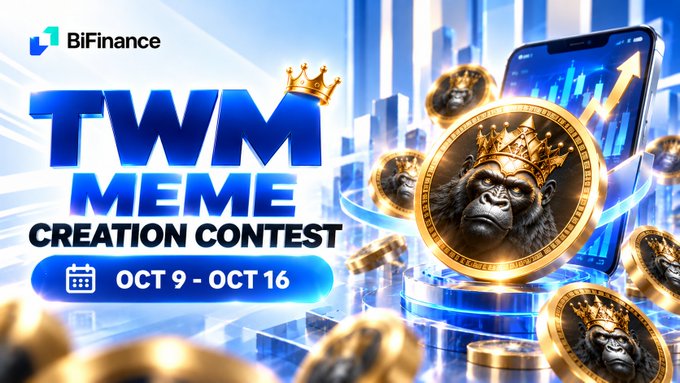 A BiFinance promotional banner for the "TWM MEME CREATION CONTEST" running from Oct 9 - Oct 16, featuring a crowned gorilla coin and an upward-trending chart on a smartphone.
