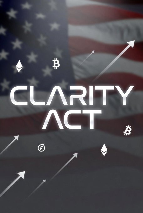 An American flag backdrop features the bold text "CLARITY ACT" surrounded by cryptocurrency symbols (Bitcoin, Ethereum, and others) and upward-pointing arrows symbolizing growth. The image visually reinforces the post's call for U.S. Senate passage of the Crypto CLARITY Act, with institutional supporters like Charles Schwab and Fidelity advocating for clearer crypto regulation.