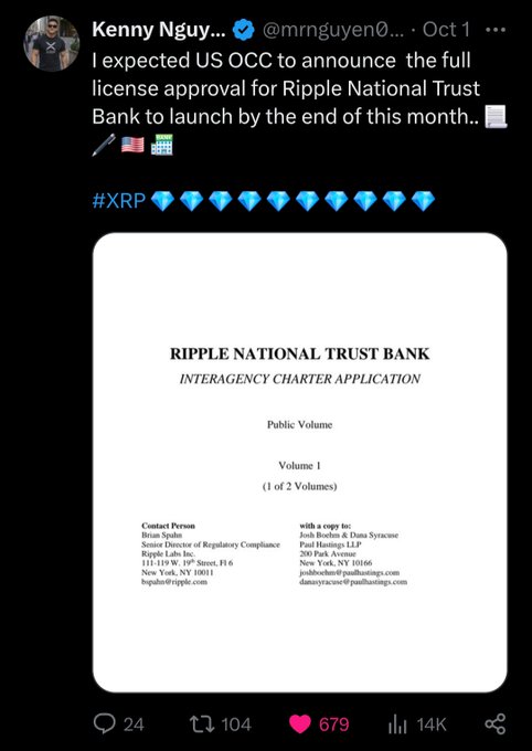 The image shows a tweet from Kenny Nguy (@mrnguyen0...) predicting full license approval from the US OCC for Ripple National Trust Bank by month's end, featuring a public document titled "RIPPLE NATIONAL TRUST BANK - INTERAGENCY CHARTER APPLICATION" (Volume 1 of 2) filed through Paul Hastings LLP. The post supports the caption by visually showcasing the official charter application document that would be approved once the OCC grants the national trust bank license.