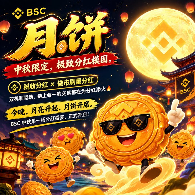 A colorful promotional graphic features the "BSC" logo with a festive Mid-Autumn Festival theme, showing cartoon mooncakes wearing sunglasses with the Binance logo, set against a glowing full moon and traditional Chinese lanterns. Key Chinese text promotes "月饼" (Mooncake), highlighting tax dividends × market-making volume dividends as a "中秋限定，极致分红模因" (Mid-Autumn limited, ultimate dividend meme) on BSC, directly tying into the post announcing the token's contract address and 100,000 free airdrop giveaway for participants.