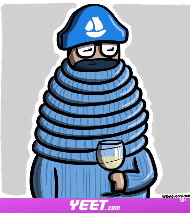A cartoon illustration from BoldLoanio3 of a pirate wearing a blue cap with a smiley face, wrapped in a blue sweater, holding a wine glass. The image is branded with "YEET.com" at the bottom, relating to the Yeet-powered financial newsletter highlighting crypto market data and geopolitical developments.