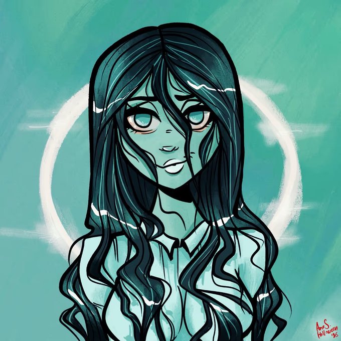 A digital illustration of a pale-skinned girl with long dark hair and blue eyes against a teal background with a white circle, signed 'Ama S. Hillwaych '23'.