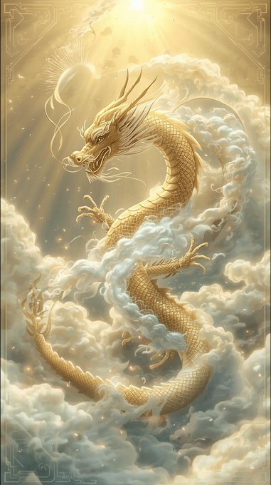 A golden dragon soaring through clouds with rays of sunlight, in an ornate decorative style.