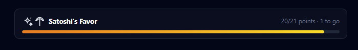 A dark UI element showing a progress bar labeled "Satoshi's Favor" with a cryptocurrency-style logo, displaying "20/21 points · 1 to go" next to an orange-to-yellow gradient bar nearly full.