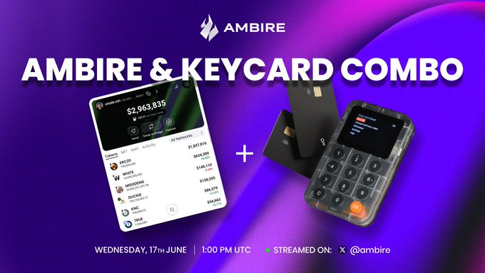 The image features a purple background with white text that reads "Ambire & Keycard Combo". Below this, there are two cell phones - one black and one silver - placed side by side against the purple backdrop. The phones appear to be turned off or in standby mode. In addition to the phones, there is also an envelope visible on the right side of the image.