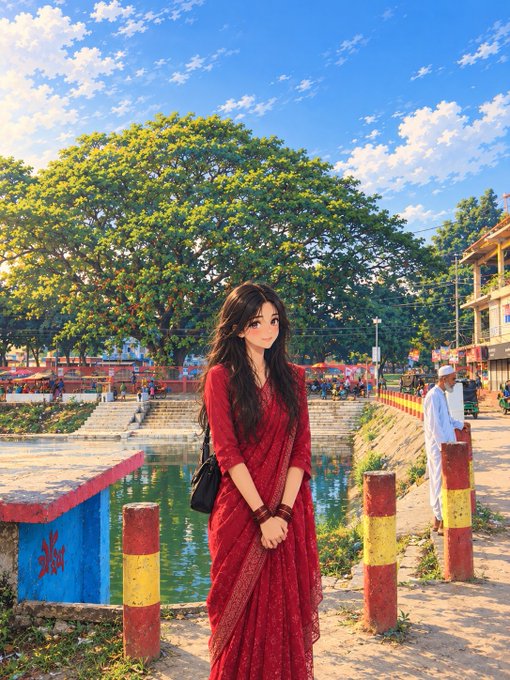 An anime-style illustration of a woman in a red sari standing by a riverside walkway with colorful posts, trees, and a blue sky in the background.